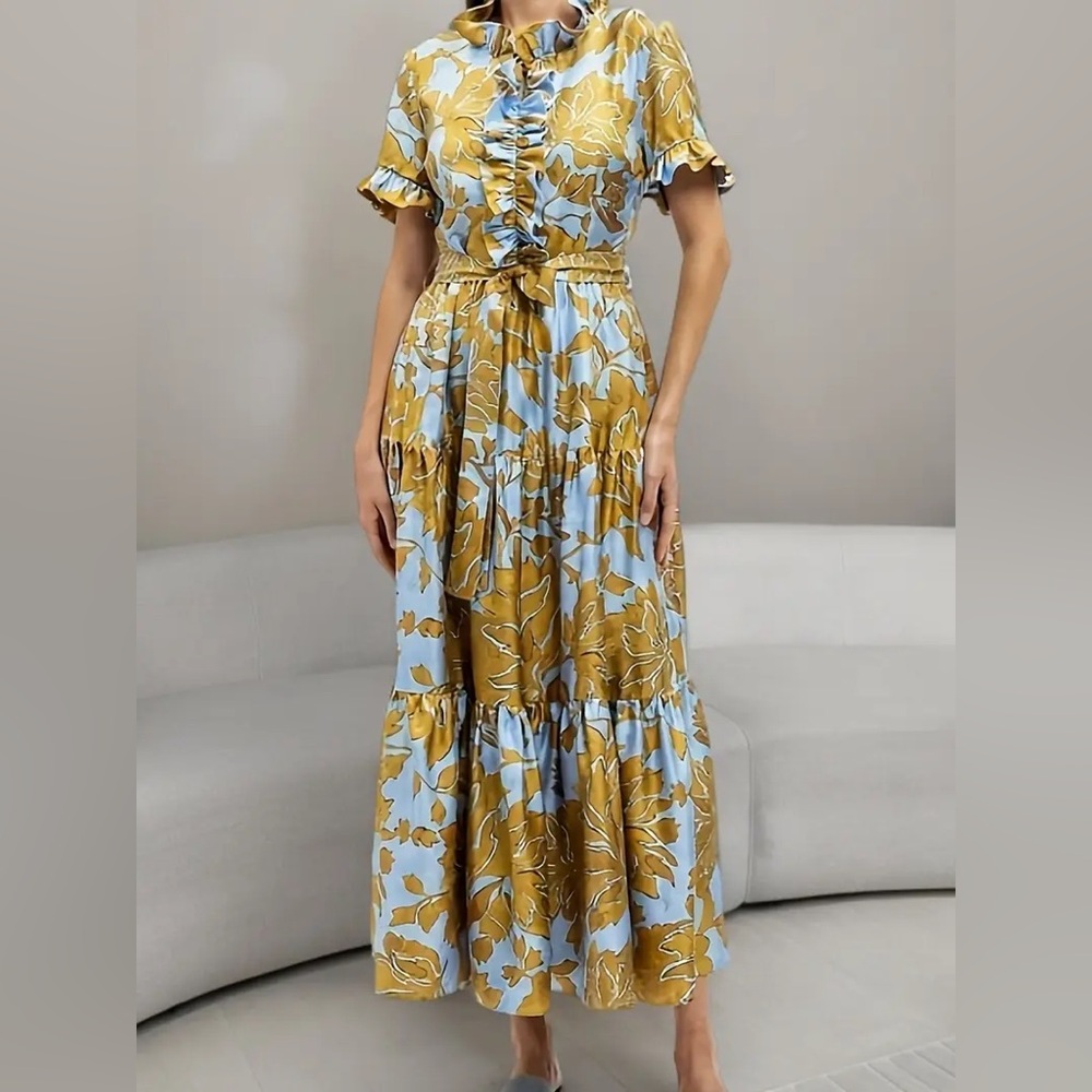 NEW - Floral Ruffle Maxi Dress‎ in Blue and Gold - Picture 2 of 9